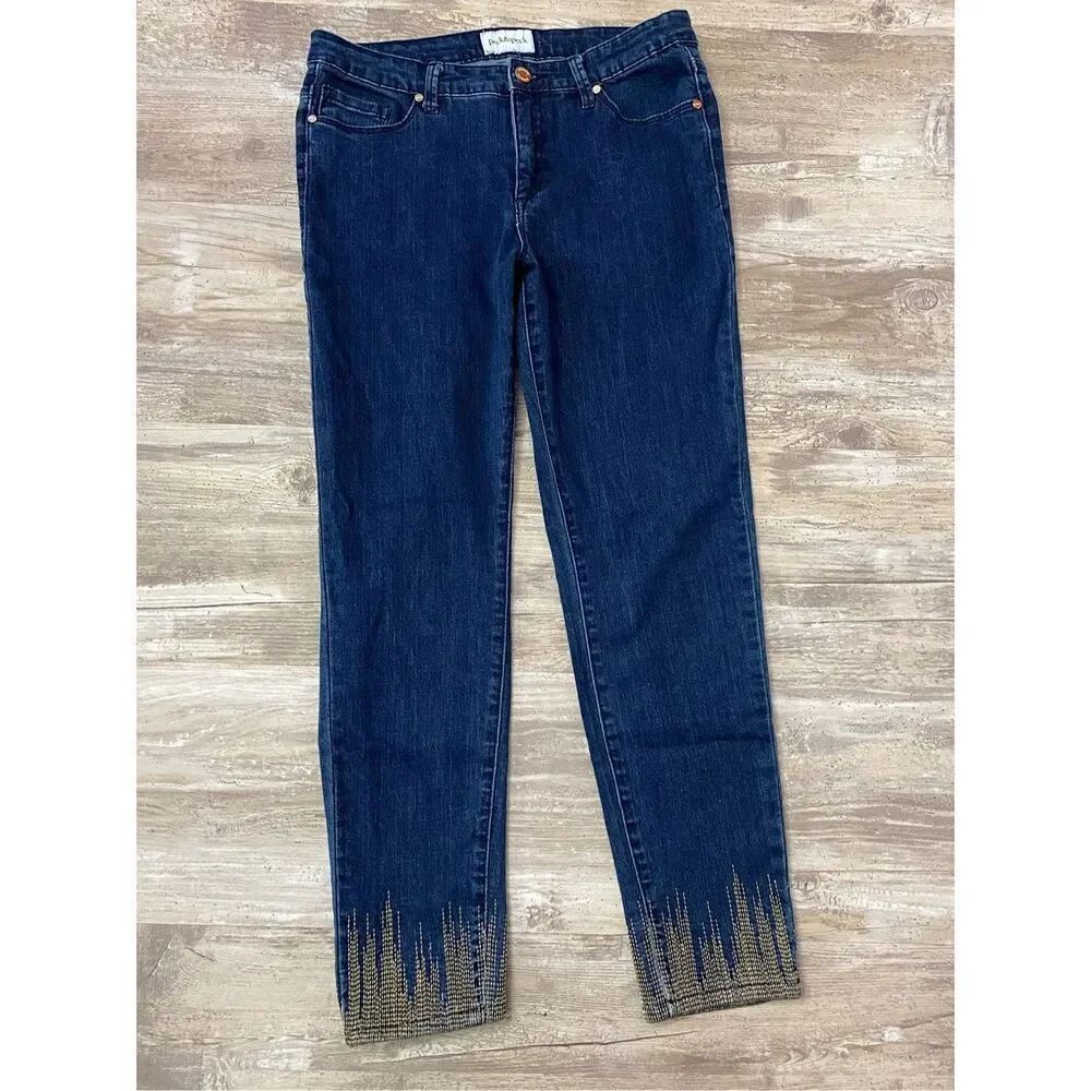 Peck & Peck Ankle Crop Jeans Gold Embroidered Hem Women’s Sz 8